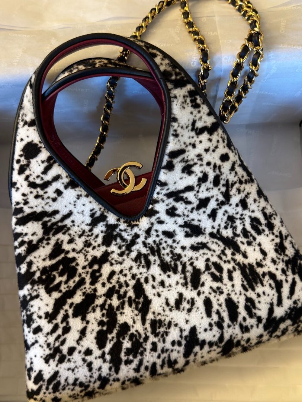 NEW CHANEL "Chic Lady" Dalmatian Print Small Shopping Bag 26A Pony Hair Full Set